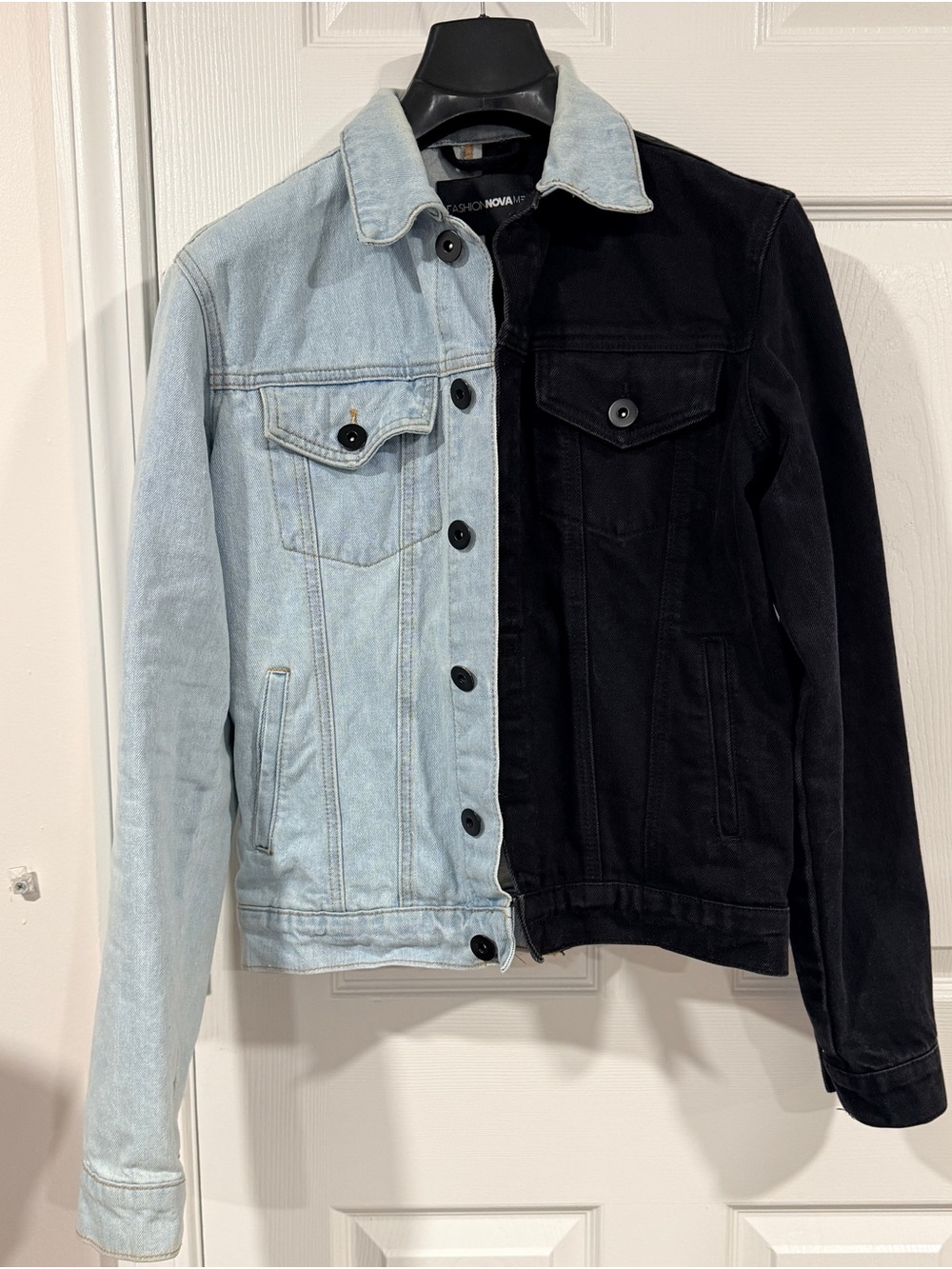 Fashion Nova Men Two-Tone Denim Jacket — Light Blue & Black